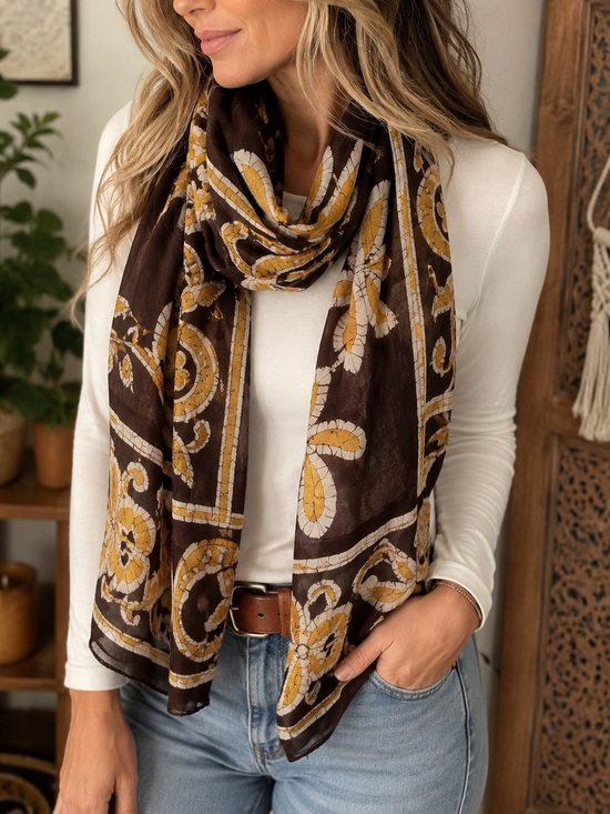 Accessories - Handprint Made in India Batik Scarf – Brown & Mustard – 68” x 15.5”